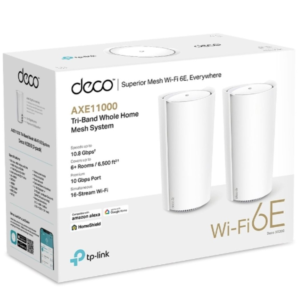 4897098687703 TP-Link Deco XE200(1-pack) AXE11000 Whole Home Mesh Wi-Fi 6E System , Tri-Band WiFi, 4804 Mbps (6 GHz) + 4804 Mbps (5 GHz) + 1148 Mbps (2.4 GHz).