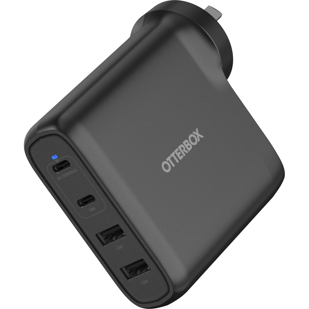 840304749775 OtterBox 100W Four Port USB-C (Type I) PD Fast GaN Wall Charger - Black (78-81355), Dual USB-C (100W+18W), Dual USB-A (18W), 2 Years Warranty