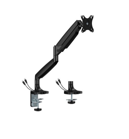 6956745178297 BrateckLDT82-C012UC SINGLE SCREEN HEAVY-DUTY GAS SPRING MONITOR ARM WITH USB PORTS For most 17"~45" Monitors, Matte Black(LS)