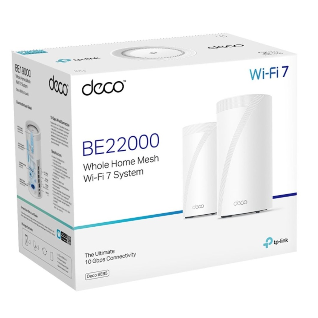 4897098686928 TP-Link Deco BE85(2-pack) BE22000 Tri-Band Whole Home Mesh Wi-Fi 7 System (WiFI7), 1376 Mbps at 2.4 GHz + 8640 Mbps at 5 GHz + 11520 Mbps at 6 GHz