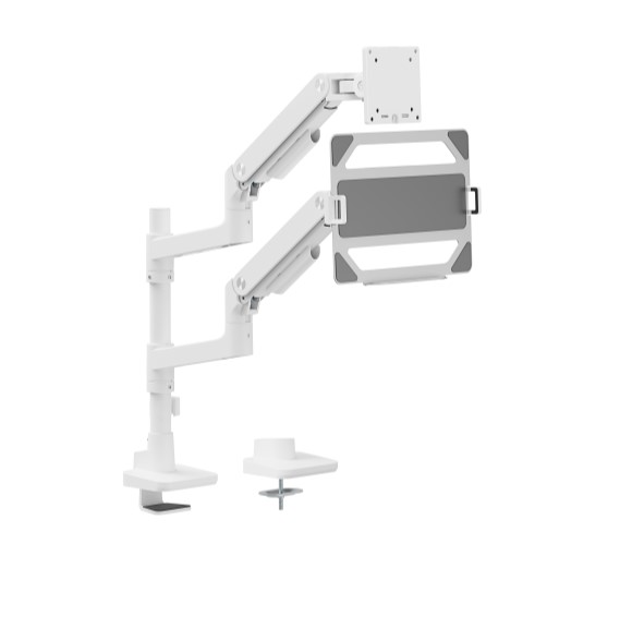 6956745179553 Brateck LDT81-C024P-ML-W NOTEWORTHY POLE-MOUNTED HEAVY-DUTY GAS SPRING DUAL MONITOR ARM WITH LAPTOP HOLDER Fit Most 17"-49" Monitor  White (LS)