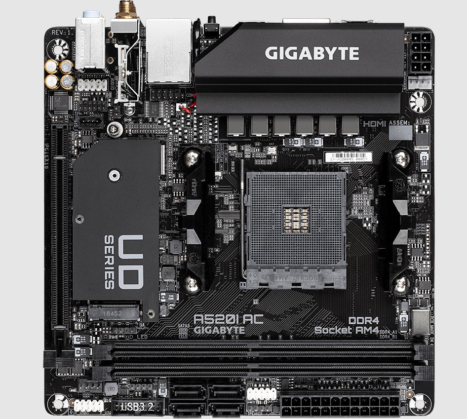 889523023785 Gigabyte A520I AC 1.4 AMD Mini-ITX MB 2xDDR4 1xM.2 PCIE3.0 1xDP 2xHDMI  802.11ac WIFI RGB Fusion