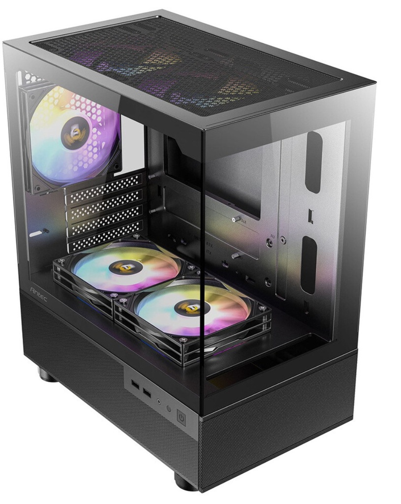 761345100243 Antec CX200M RGB Elite, mATX, 270 degrees view, USB 3.0 x 2, Audio I/O Bottom. Mesh front and bottom. Clear Glass View, 5x RGB Fans.  Gaming Case