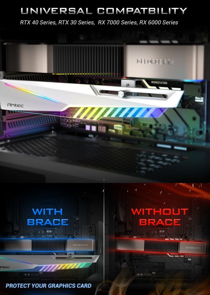 761345777490 Antec HGPU Bracket Dagger White ARGB - PCI Slot mount. 5 holes. Horizontal GPU 170-270mm. universal case support,Tool-Less. Adjustable Support column.