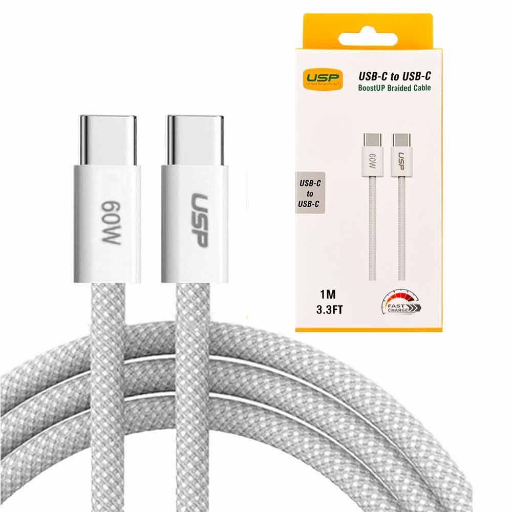 6976552041492 USP Braided USB-C to USB-C PD 60W High Density Fast Charge Cable (1M) White - 3A Fast  Safe Charge,Strong  Durable, Samsung Galaxy,Apple iPhone