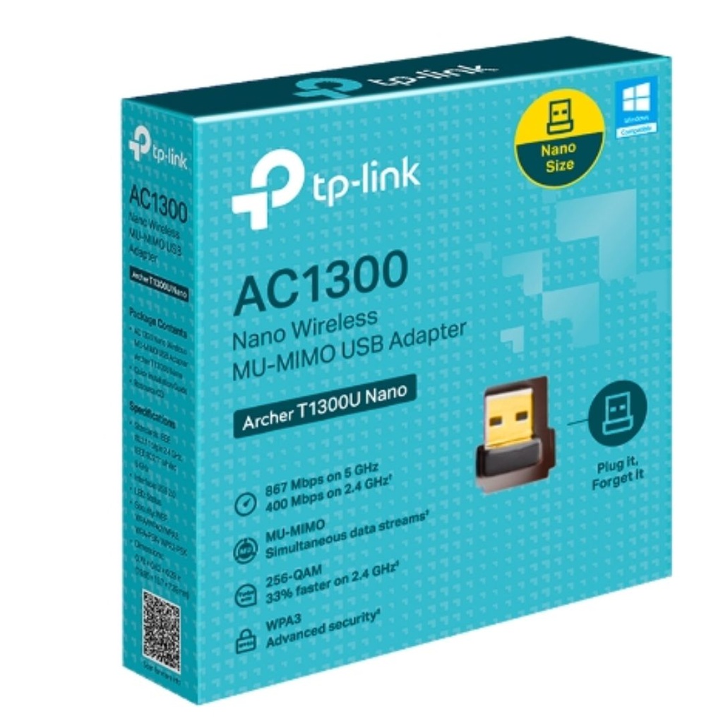 4895252507324 TP-Link Archer T1300U Nano AC1300 Nano Wireless MU-MIMO USB Adapter,  1201 Mbps at 5 GHz + 574 Mbps at 2.4 GHz, 5G NR 4.67Gbps/1.25Gbps, LTE support C