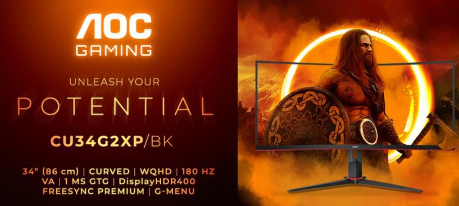 6973985231643 AOC 34" Curved 3440 x 1440 21:9, 1ms, 400cd/m2 HDR, Ultra Fast 180Hz Panel, Adaptive Sync, HDMI: 2.2, DisplayPort: 1.4 Gaming Monitor