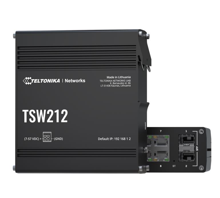 4779051841370 Teltonika TSW212 Managed Ethernet Switch, L2 with additional L3 Features, Supports Profinet, 8 x Gigabit Ethernet Ports, 2 x SFP Ports, PSU excluded
