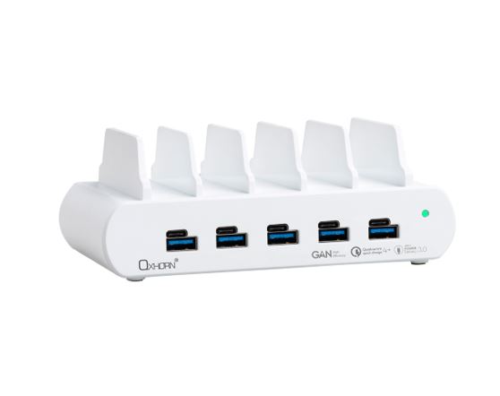 9360330001087 Oxhorn PoverDelivery150W 5 Port (A+C) Fast Charging Dock with build-in rack5 Port USB-A USB-C PD3.0 QC4.0 PPS 100-240V AC input White