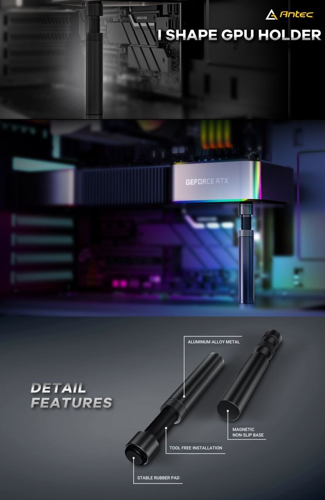 761345777513 Antec IGPU, VGA Bracket Holder. Solid Construction  durability - Black Aluminum Alloy Metal. Magnetic Non-Slip Base, Tool Free. Stable Rubber Pad (LS