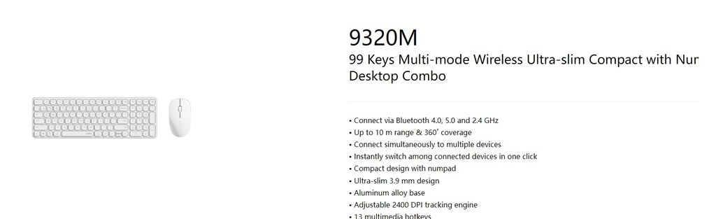 6940056128386 RAPOO 9320M Bluetooth 4.0, 5.0 + 2.4G  Wireless Multi-mode Keyboard Mouse Combo, Aluminum Base, 2400 DPI, 10M Range, Compact White Retail Pack