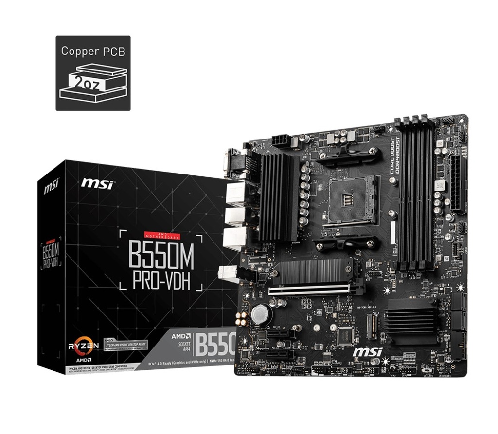 4719072758417 MSI B550M PRO-VDH Motherboard, AM4, 128 GB, 1x PCI-E X16, SATA, M.2, 5x USB 3.2, 6x  USB 2.0, 1xHDMI
