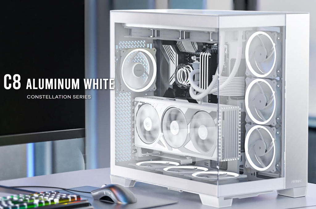 761345100939 Antec C8 Aluminum White E-ATX Seamless Edge View Front and Side, USB-C, 4mm Tempered Glass, 360mm liquid cooler top, bottom, side. 2x USB 3.0 Case.