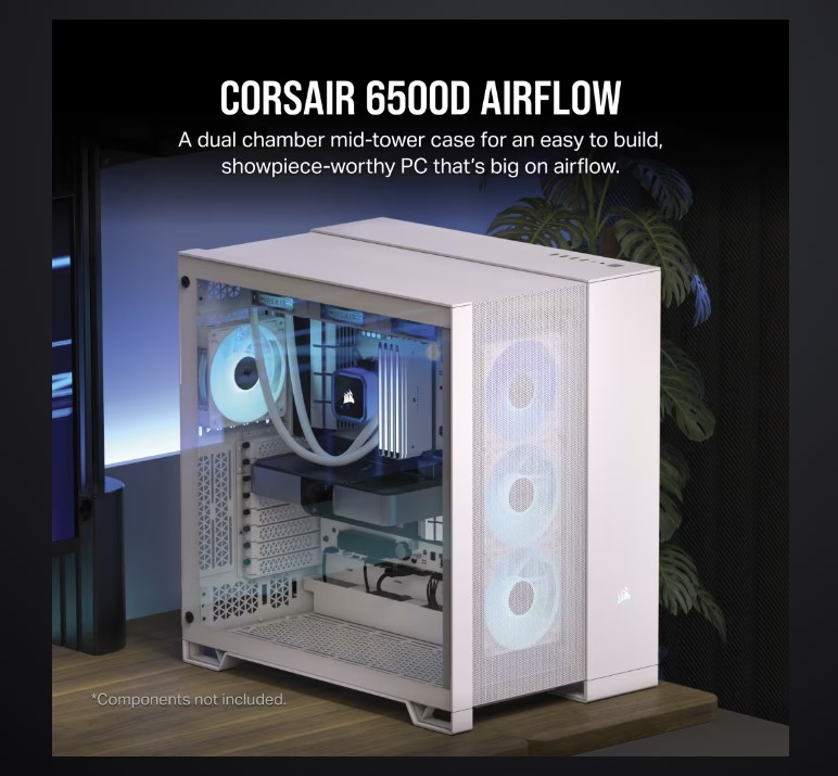 840006664727 Corsair 6500D Airflow Tempered Glass ATX Mid-Tower, Mesh Left Front, Dual Chamber White Case