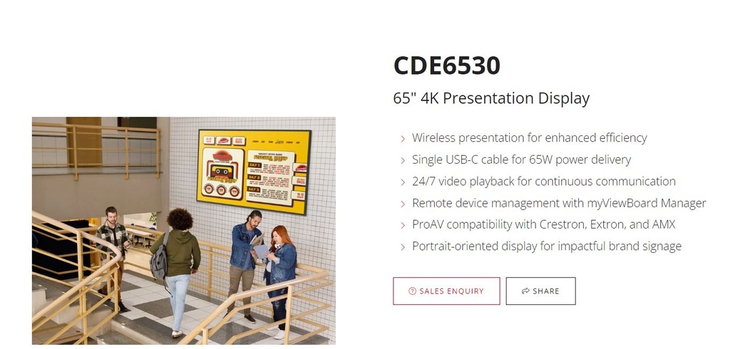 CDE6530 Viewsonic 65" 4K Commercial Display, 24/7, USB-C, w/ myViewBoard 2024, Pro AV,  3 Years Advance Replacement