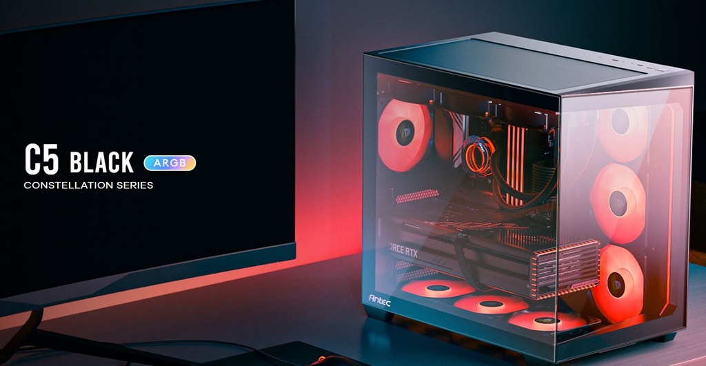 761345100335 Antec C5 ARGB ATX, mATX Seamless Edge to Edge, Black, 270 degrees, 7x ARGB + PWM Controller, 4090 Back Connect, USB-C, Dual Chamber Gaming Case