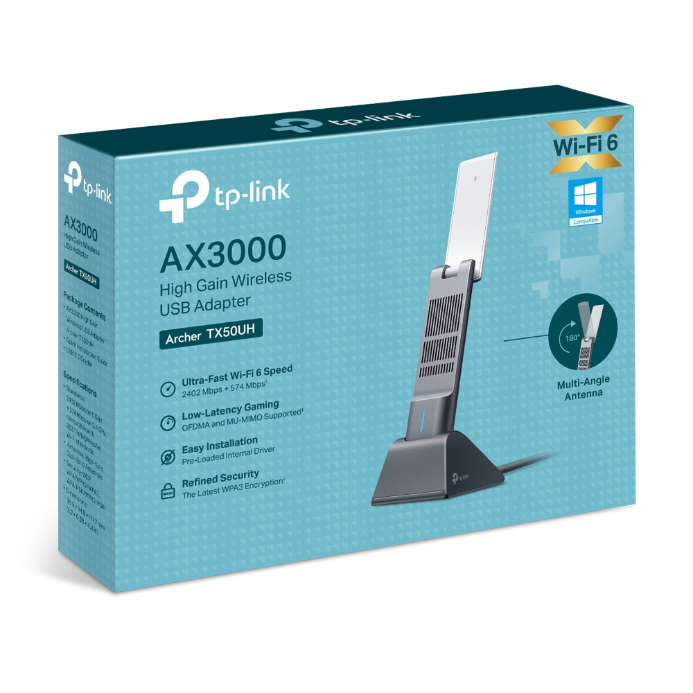 4895252501841 TP-Link Archer TX50UH AX3000 High Gain Wireless USB Adapter, WiFi 6, Speeds up to 2402 Mbps@5GHz, 574 Mbps@2.4GHz