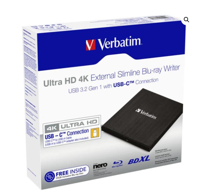 23942438885 Verbatim External Slim Blue-ray Writer Ultra HD 4K Type-C Connection, USB 3.1 Gen1. Includes Nero Burning Software. Ultra Portable. New 2024