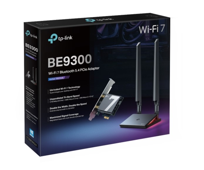 4895252507836 TP-Link Archer TBE550E BE9300 Wi-Fi 7 Bluetooth 5.4 PCIe Adapter, 6GHz@5760 Mbps, 5GHz@2880 Mbps, 2.4GHz@688 Mbps (wifi7) (NIC)