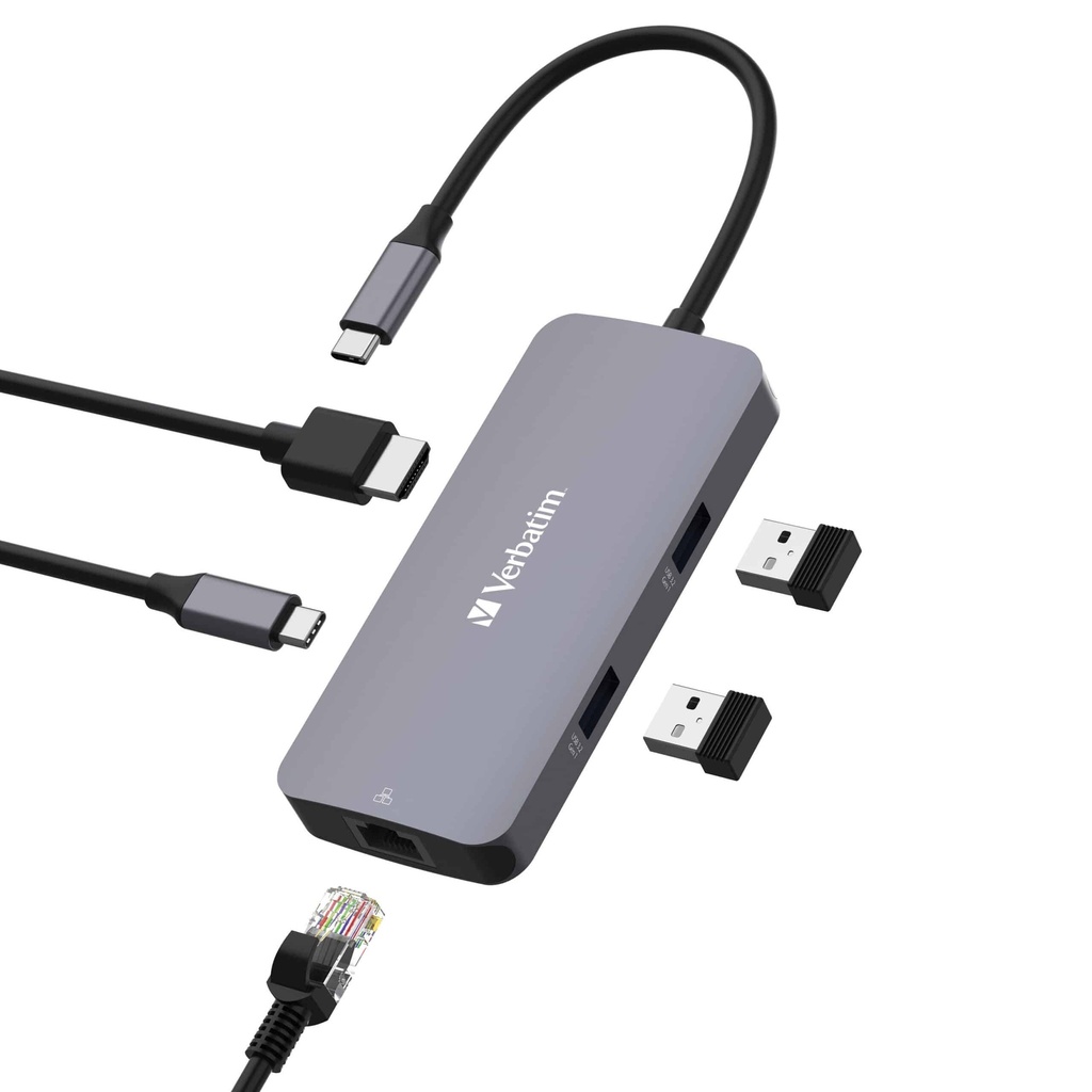 23942321507 Verbatim USB-C Pro Multiport Hub 5 Port 1 x HDMI, 1 x RJ45, 2 x USB-A 3.2 Gen1, 1 x USB-C PD (Power Delivery). Ultra Portable for notebook, phone, pad