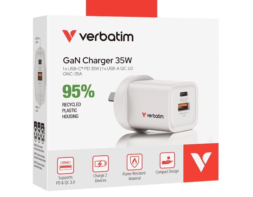 4895117970157 Verbatim 2 Port 35 Watt Portable GaN charger, 1 x USB-C PD 35w, 1x USB-A QC 3.0,