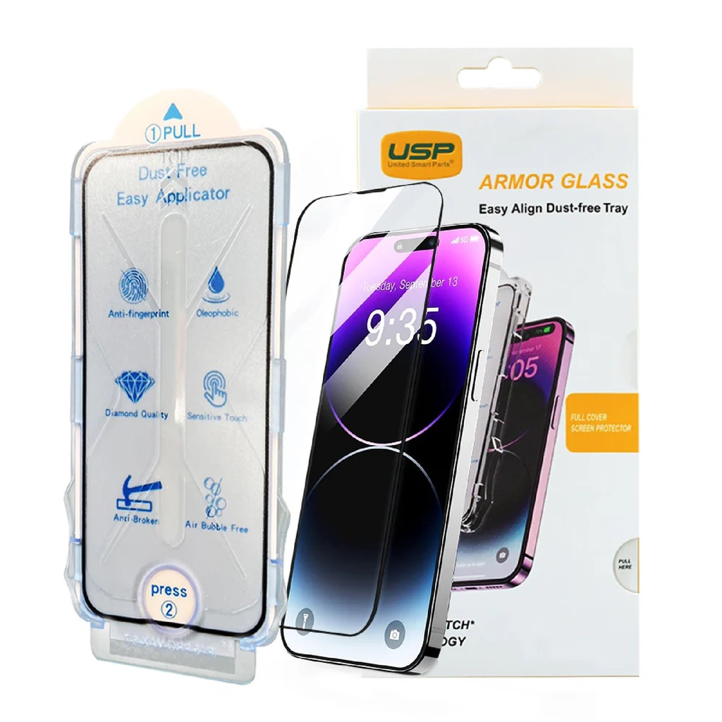 6976552041652 USP Apple iPhone 16 / iPhone 15 (6.1") Tempered Glass Screen Protector : Full Coverage, Easy Align Dust-free Tray, 9H Hardness, Bubble-Free