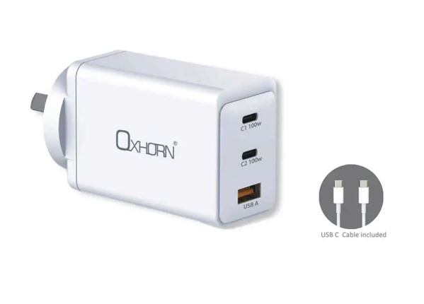 9360330001735 Oxhorn Charger Accessories AC 100W GaN Type C fast Charger 3 Ports 2xUSB-C 1xUSB-A PD3.0 QC4.0+ PPS for Laptop/Mobile/Tablet/Other Device White