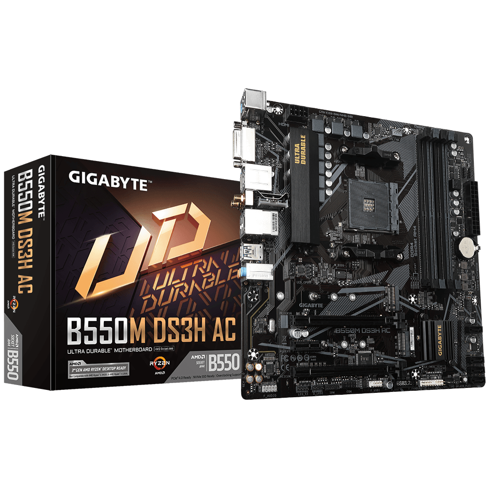 4719331810962 Gigabyte B550M DS3H AC AM4 Ryzen mATX Motherboard, 4x DDR4, 3x PCI-e, 2x M.2, 4x SATA III, RAID 0/1/10, 4x USB 3.2, 4x USB 2.0