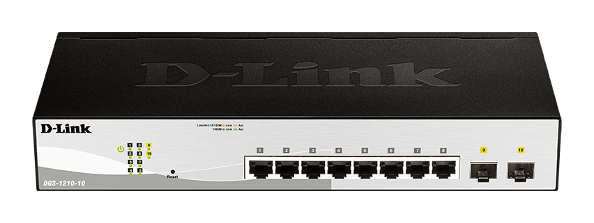 DGS-1210-10MP 10-Port Gigabit WebSmart PoE Switch with 8 PoE RJ45 and 2 SFP Ports. PoE budget 130W.