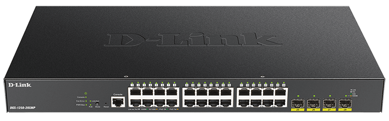 DGS-1250-28XMP 28-Port Gigabit Smart Managed PoE+ Switch with 24 PoE+ RJ45 and 4 SFP+ 10G Ports. PoE budget 370W.