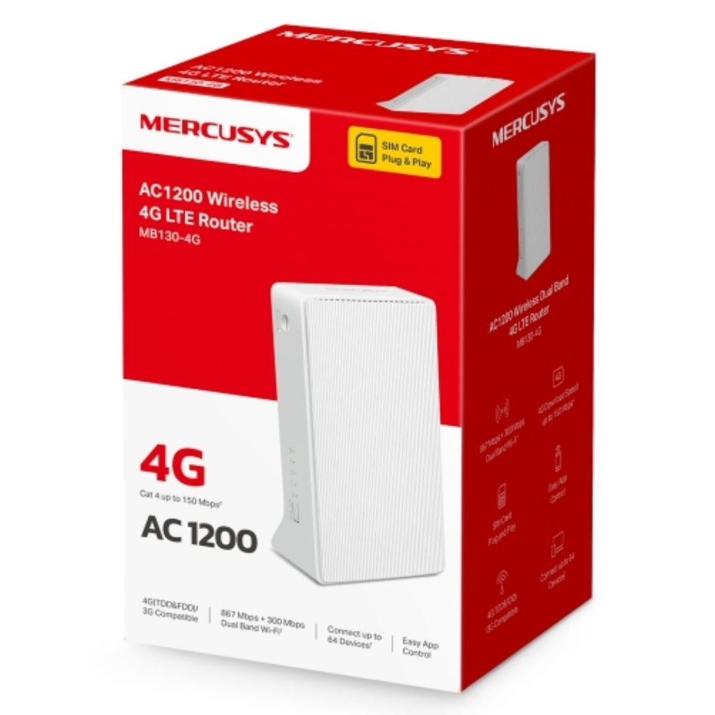 [MB130-4G] MB130-4G Mercusys  AC1200 Wireless Dual Band 4G LTE Router, up to 150 Mbps, Dual Band 1200 Mbps WiFi