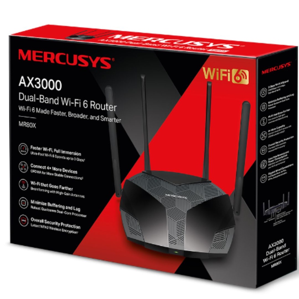 MR80X Mercusys  AX3000 Dual-Band Wi-Fi 6 Router, Up to 3 Gbps ,MU-MIMO, OFDMA,WPA3