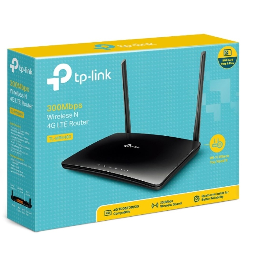 [6935364099923] TP-Link TL-MR6400 N300 Wireless N 3G/4G LTE Router 2.4GHz (300Mbps) 802.11bgn 3x100Mbps LAN 1x 100Mbps 4G SIM Slot, Band5Band28