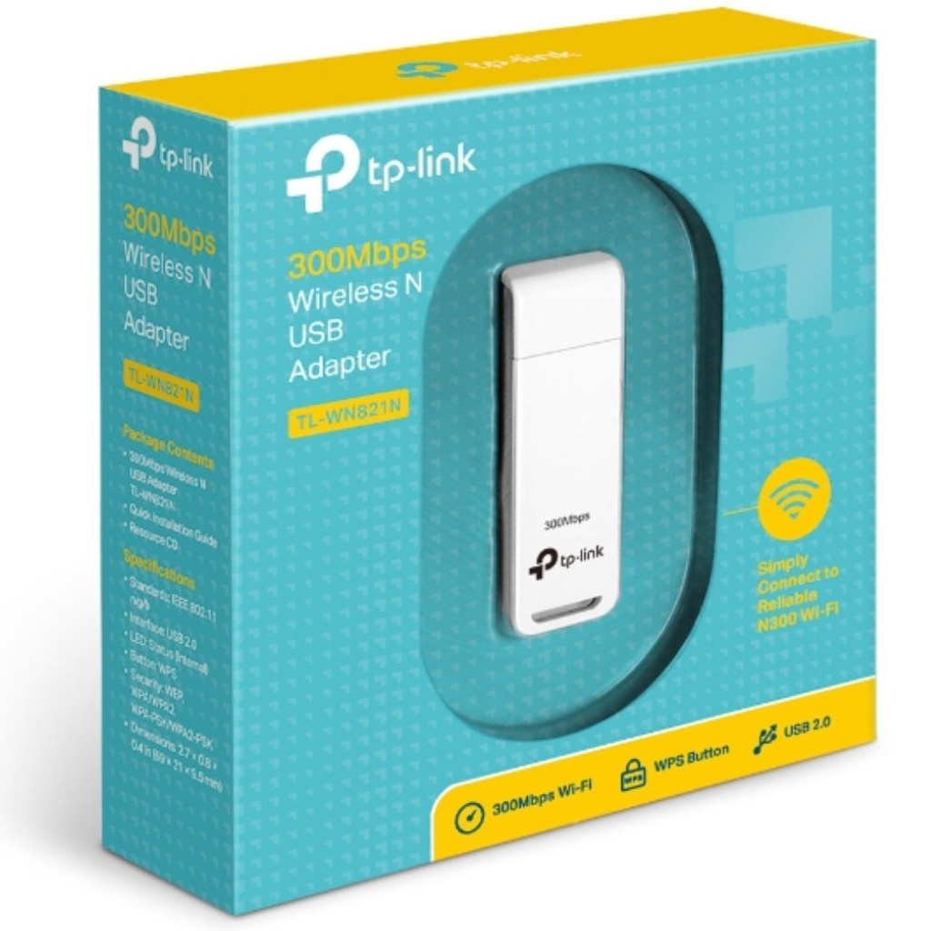 [6935364050368] TP-Link TL-WN821N N300 Wireless N USB Adapter 2.4GHz (300Mbps) 1xUSB2 802.11bgn On Board Antenna MIMO technology WPS button