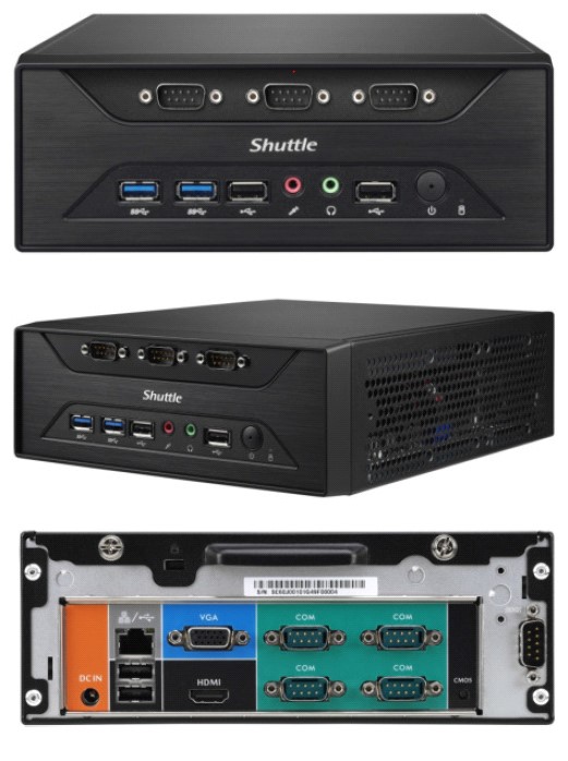 [887993001104] Shuttle XC60J Slim Mini PC 3L Barebone-Celeron J3355, Fan-less, 8x RS232(RS422/485), 3.5" HDD/SSD bay, LAN, HDMI, VGA, 2x DDR3L, M.2 2280, 65W adapter