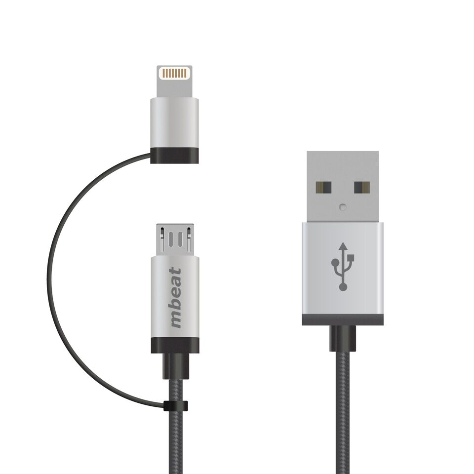 [9346396001421] (LS) mbeat® 1m Lightning and Micro USB Data Cable - 2-in-1/Aluminmum Shell Crush-Proof/Nylon Braided/Silver/ Apple/Andriod Tablet Mobile Device