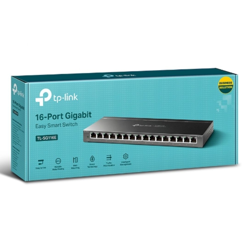 [6935364084301] TP-Link TL-SG116E 16-Port Gigabit Unmanaged Pro Switch Desktop/Wall Mounting L2 Features 32xVLAN 32Gbps Capacity 23.81Mpps 8K MAC 4.1Mb Buffer Fanless