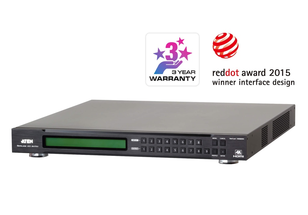 [KLA-VM6809H] KLA-VM6809H Aten Professional Matrix 8x9 4K HDMI Matrix with Scaler, Seamless Switch, control via front-panel pushbuttons, IR remote and RS232 control