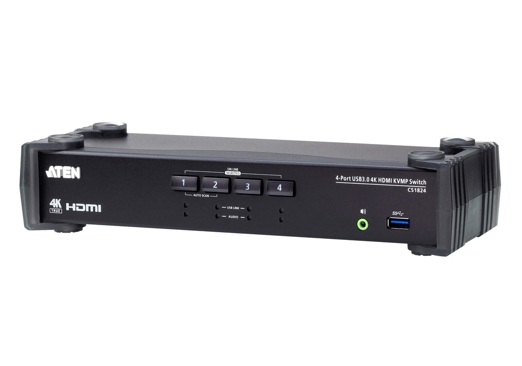 [4719264649424] 4719264649424 Aten Desktop KVMP Switch 4 Port Single Display 4k HDMI w/ audio mixer mode, Cables Included, Selection Via Front Panel