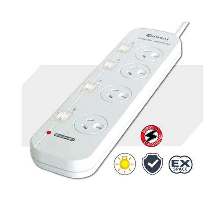 [9324747004895] 9324747004895 Sansai 4-Way Power Board (421SW) with Individual Switches and Surge Protection 2 Extra Spaced Sockets Indicator Light 100CM Lead 240VAC 50Hz 10A