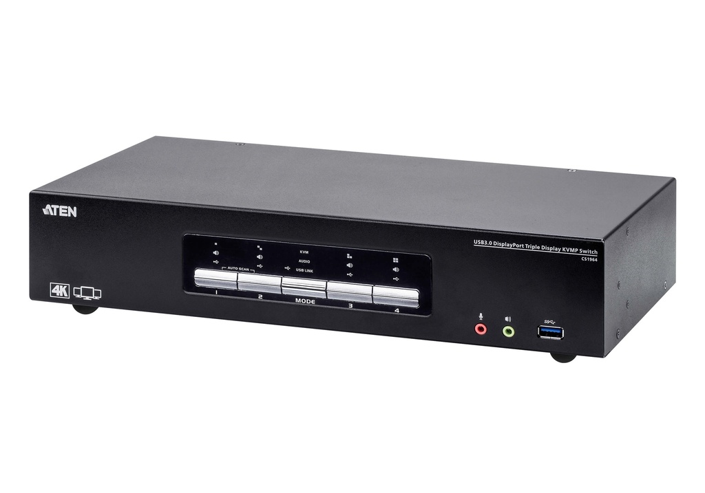 [4719264647536] 4719264647536 Aten Desktop KVMP Switch 4 Port Triple Display 4k DisplayPort w/ audio, Cables Included, 2x USB Port, Selection Via Front Panel