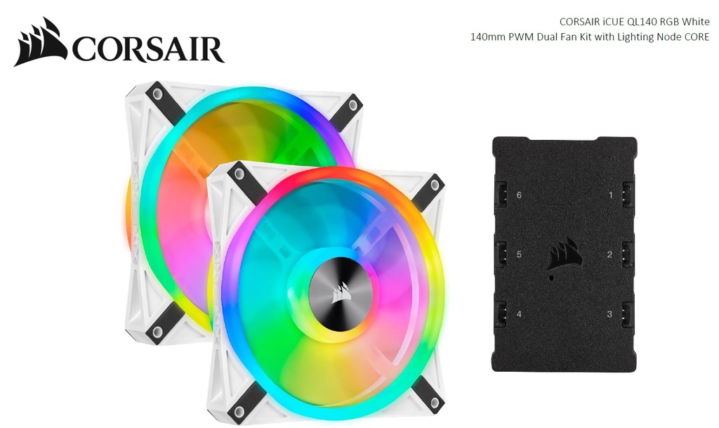 [840006619529] 840006619529 Corsair QL140 RGB White Dual Fan Kit with Lighting Node Core, ICUE, 140mm RGB LED PWM Fan 26dBA, 50.2 CFM, 2 Fan Pack