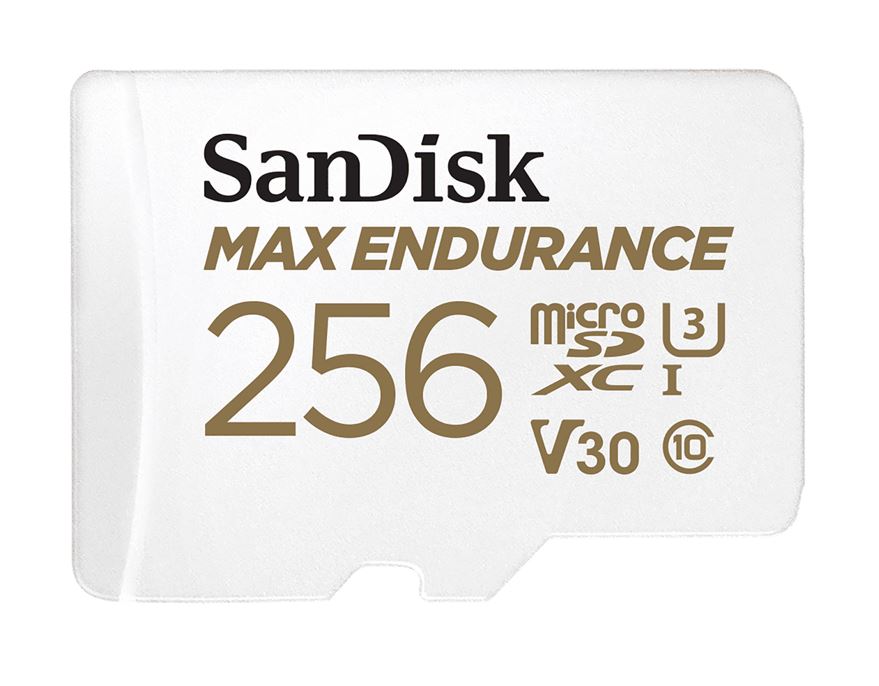 619659178543 SanDisk Max Endurance 256GB microSD 100MB/s 40MB/s 20K hrs 4K UHD C10 U3 V30 -40°C to 85°C Heat Freeze Shock Temperature Water X-ray Proof SD Adapter