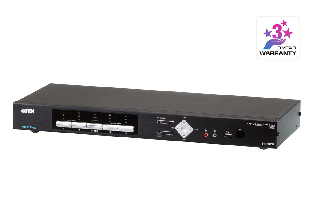 [4719264647505] 4719264647505 Aten Desktop KVMP Switch 4 Port Multi-View 4k HDMI w/ audio, 4x USB HDMI Cables Included, 2x USB Port, Selection Via Front Panel