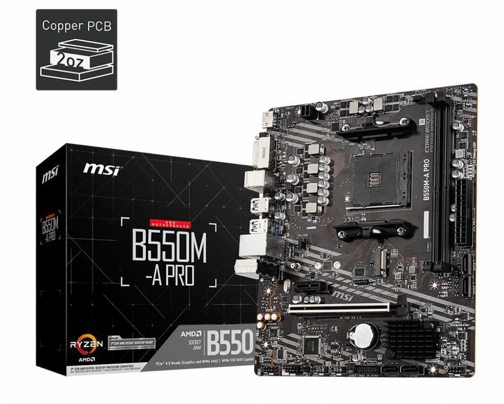 [4719072752613] 4719072752613 MSI B550M-A PRO Motherboard AMD Ryzen AM4 2x DIMM Slots (Max 64GB) 1x PCI-e 4.0 1x HDMI DVI 1x M.2 4x SATA3 6x USB 3.2 Gen 1 6x USB 2.0