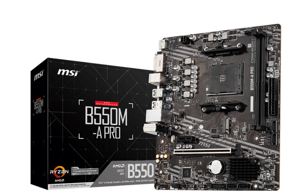 [4719072752613] MSI B550M-A PRO Motherboard AMD Ryzen AM4 2x DIMM Slots (Max 64GB) 1x PCI-e 4.0 1x HDMI DVI 1x M.2 4x SATA3 6x USB 3.2 Gen 1 6x USB 2.0
