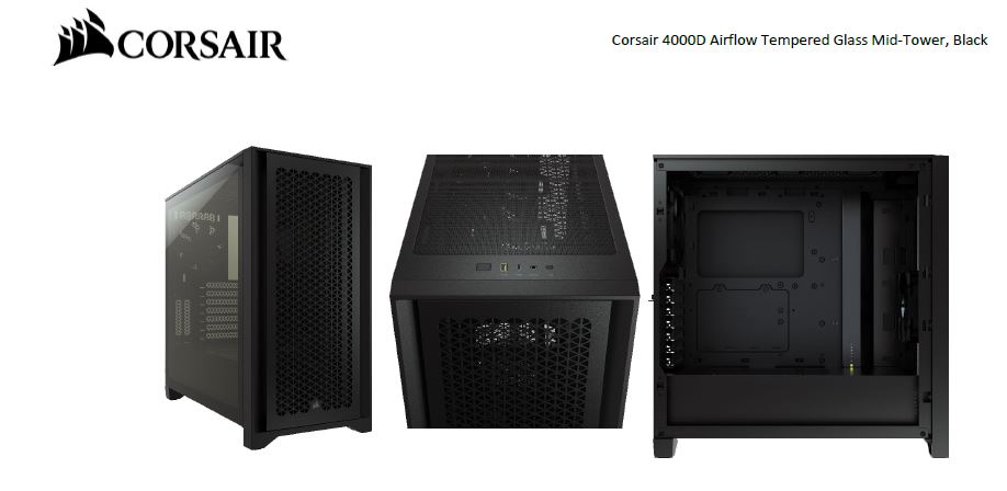 [840006621904] 840006621904 Corsair Carbide Series 4000D Airflow ATX Tempered Glass Black, 2x 120mm Fans pre-installed. USB 3.0 and Type-C x 1, Audio I/O. Case