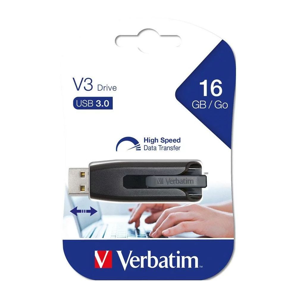 [23942491729] Verbatim 16GB V3 USB3.0 Grey Store'n'Go V3; Retractable USB Storage Drive Memory Stick (LS)