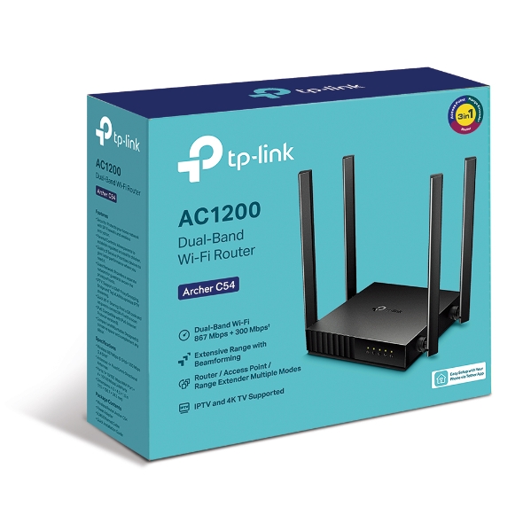 [6935364089337] TP-Link Archer C54 AC1200 Dual-Band Wi-Fi Router 2.4GHz 300Mbps 5GHz 867Mbps 4xLAN 1xWAN 4xAntennas, WPS, Router Access Point and Range Extender Modes