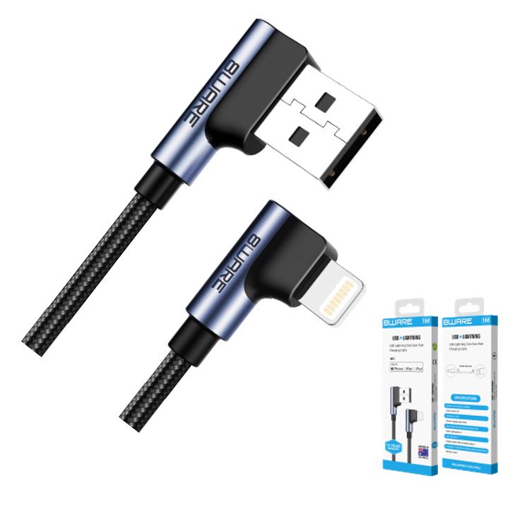 [754523500225] 754523500225 8Ware Premium 1m Apple Certified 90 Degree Angle USB A  to Lightning Data Sync Fast Charging Cable for iPhone 12 X XS XR Max 8 iPad Air Retail ~CB8W-I